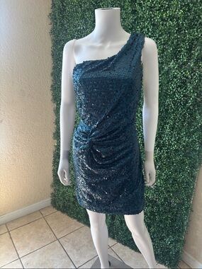 Lily Rose Teal One-Shoulder Sequin Dress
